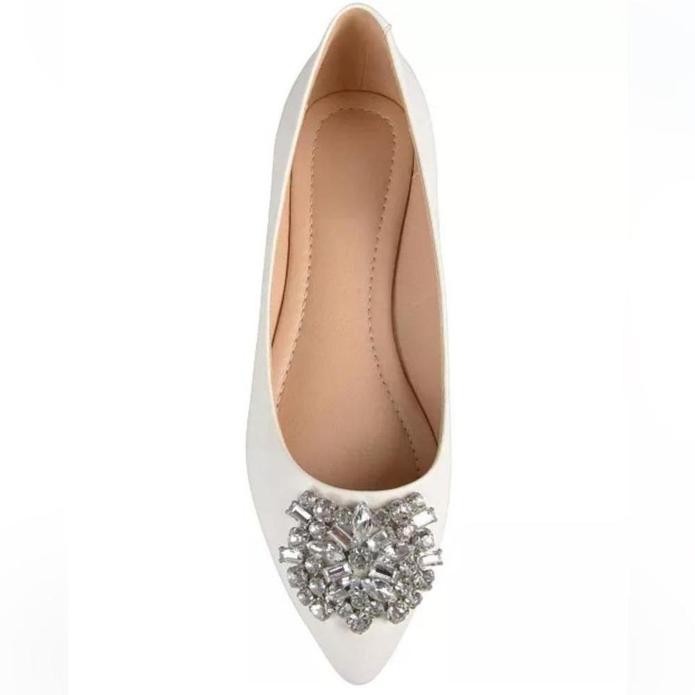 Journee Collection White Flat Shoes With Crystals, Size-8